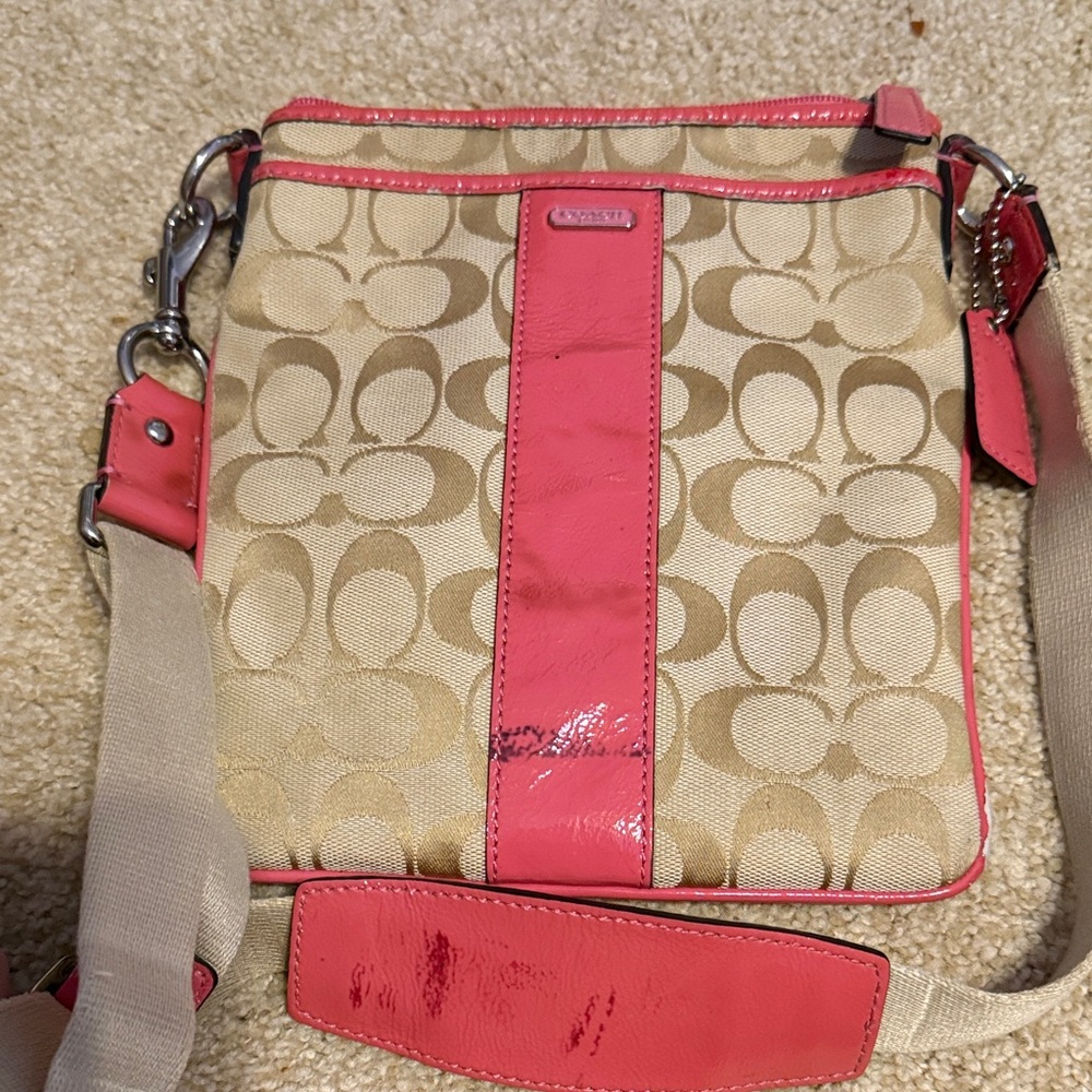 Coach Signature Beige and Peachy Pink Crossbody Bag